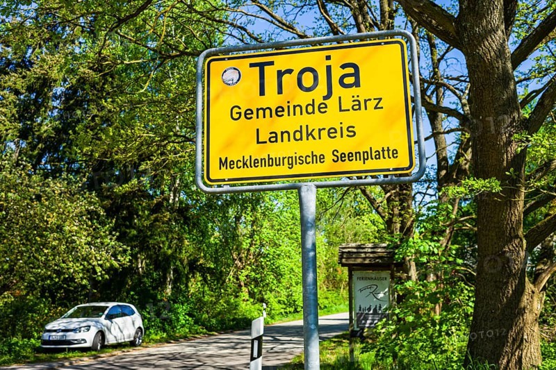 Town sign Troja Mueritz, Laerz, Mecklenburg-Vorpommern, Germany, Europe
