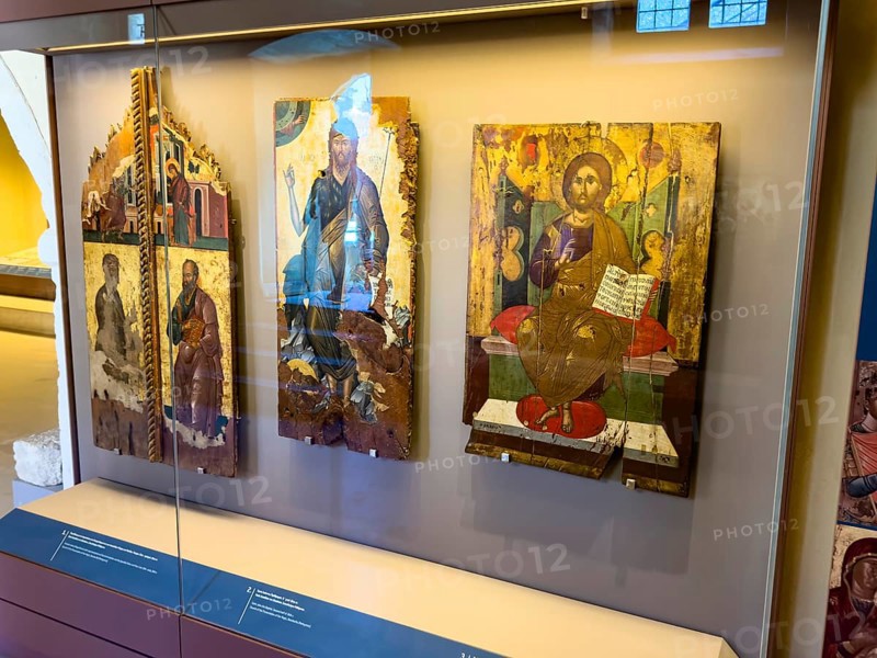 Three 16th century icons placed in UNESCO World Heritage Moni Arkadi Arkadi Monastery, centre and right depiction of Jesus Christ the Redeemer, Arkadi Monastery, Armnatos, Crete, Greece, Europe