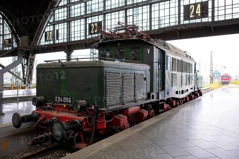 Class E94 electric locomotive, Deutsche Reichsbahn DR, also German Crocodile, museum track 24 with historic trains, monument, museum, railway museum, memorial, main station, terminus station, Leipzig, Saxony, Germany, Europe