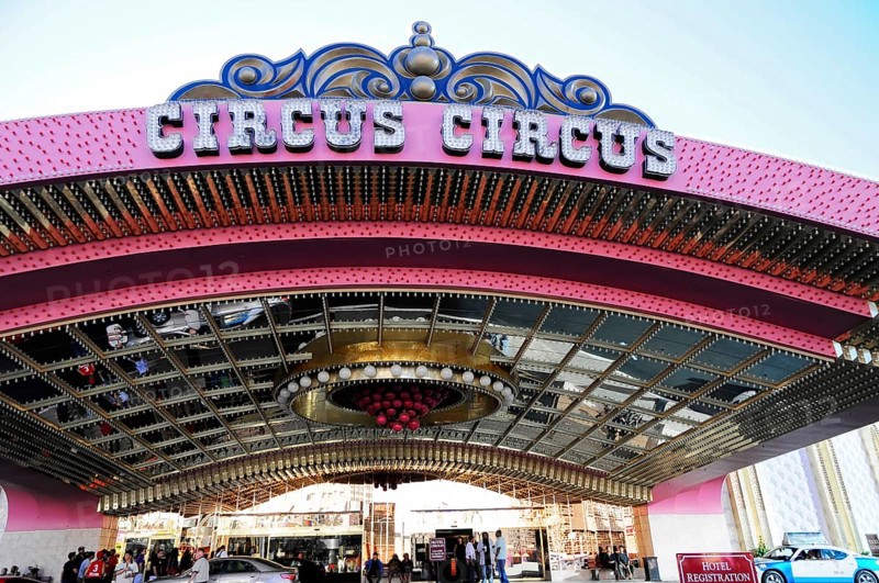 Las Vegas, Nevada, USA, North America, Entrance of the Circus Circus Hotel with eye-catching neon sign and many colours, Las Vegas Strip, North America