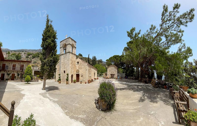 View of monastery courtyard courtyard with historic two-aisled church monastery church of Eastern Orthodox monastery of Ayios Antonios Vrontisi Vrondisi Vrontissiou monastery from early Middle Ages dedicated to Saint St. Anthony, Zaros, Crete, Greece, Europe