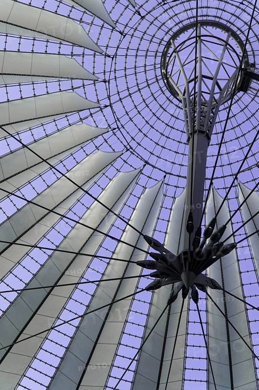 Dome, Sony Centre, Mitte, Berlin, Germany, Europe, Modern metal roof construction on a purple background with geometric patterns, Europe