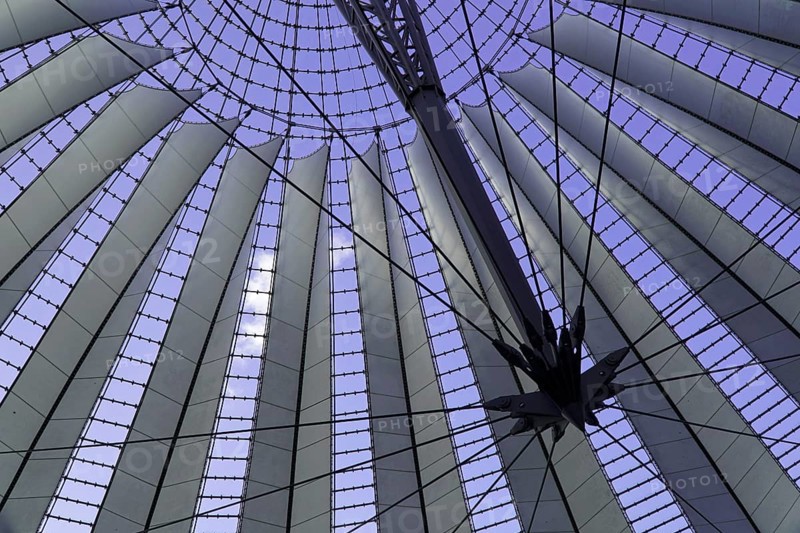 Dome, Sony Centre, Mitte, Berlin, Germany, Europe, Modern metal construction of a roof on a purple background with geometric shapes, Europe