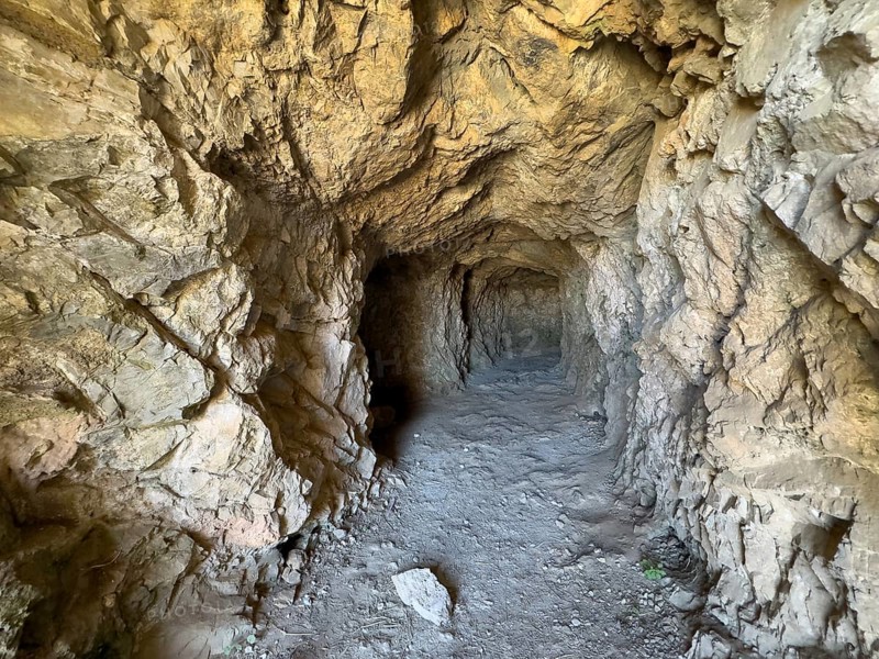 Cave with rock-cut passageway on the site of the historic fortress Fortetza Fortezza of Rethymno built by the Republic of Venice in the 16th century in the north-west of the old town of Rethymno on the rocky hill of Paleokastro on the north coast of Crete, Rethymno, Crete, Greece, Europe