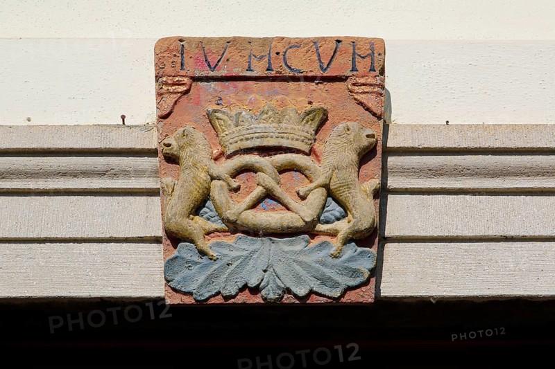 Stone plaque with pretzel on facade, Adler am Schloss, hotel, inn, restaurant, lettering, detail, advertisement, Boennigheim, Ludwigsburg district, Baden-Wuerttemberg, Germany, Europe
