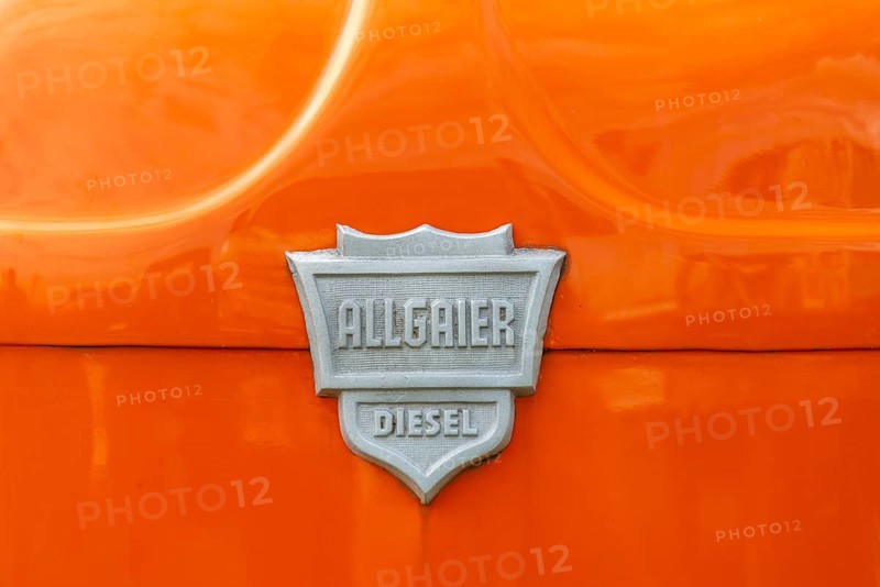 Allgaier Diesel, Porsche tractor, sheet metal logo on orange painted bonnet, Offenbach, Dreieich, Hesse, Germany, Europe