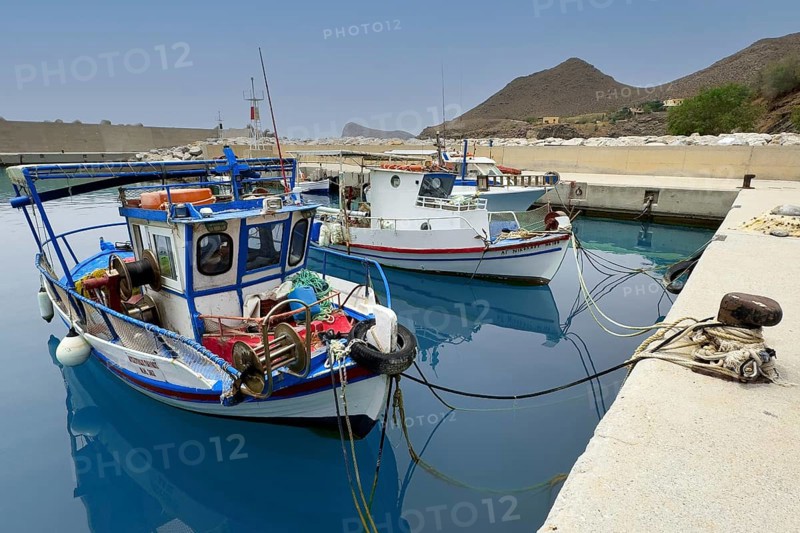 Two small fishing boats in new harbour marina of Loutra east of Lentas on south coast of Crete island at Libyan Sea Mediterranean, Loutra, Crete, Greece, Europe
