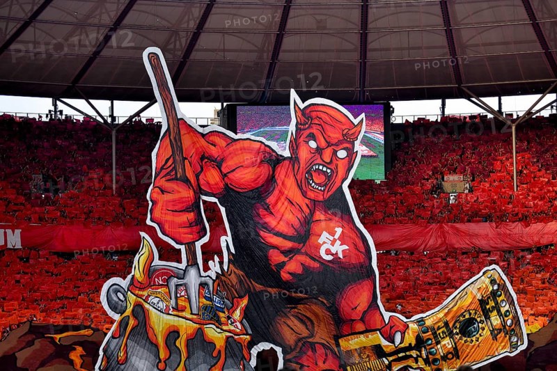 Red Devil with cup, choreo, choreography, fan action fan block, fans, fan curve, flags, flags, atmosphere, atmospheric, 1. FC Kaiserslautern, 81st DFB Cup Final 2024, Olympiastadion Berlin, Germany, Europe