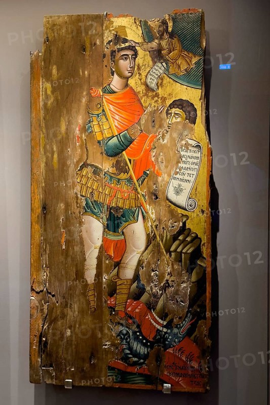 Icon of Saint George in showcase of museum of UNESCO World Heritage Orthodox Monastery of Moni Arkadi Arkadi Monastery from early Middle Ages, important national monument National Shrine on Crete Island, Arkadi, Armnatos, Crete, Greece, Europe