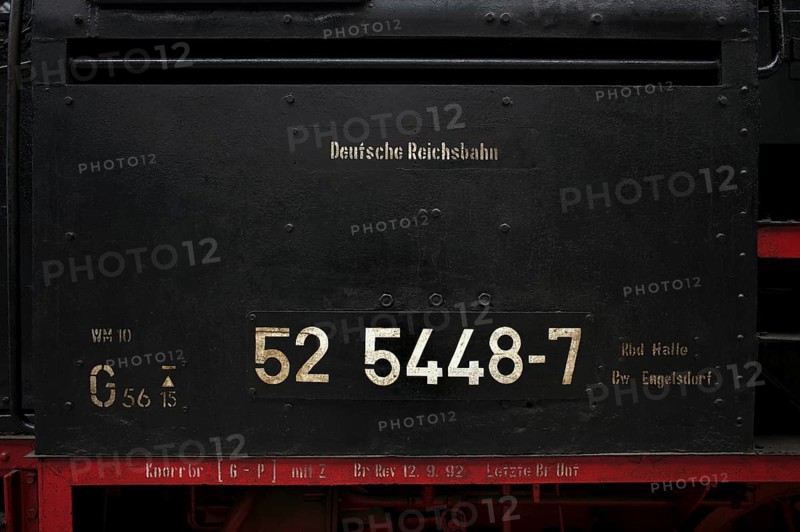 Type plate of the steam locomotive class 52 of the Deutsche Reichsbahn DR with tub tender, Witte wind deflectors, museum track 24 with historical trains, monument, museum, railway museum, main station, terminus station, Leipzig, Saxony, Germany, Europe