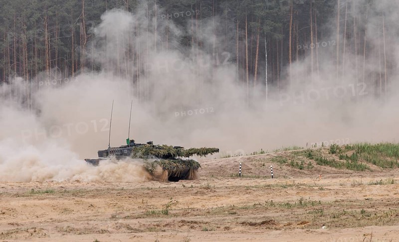 A Leopard 2 main battle tank, photographed during the NATO Steadfast Defender exercise and the German part of the exercise, Quadriga 2024, in Pabrade, 29.05.2024