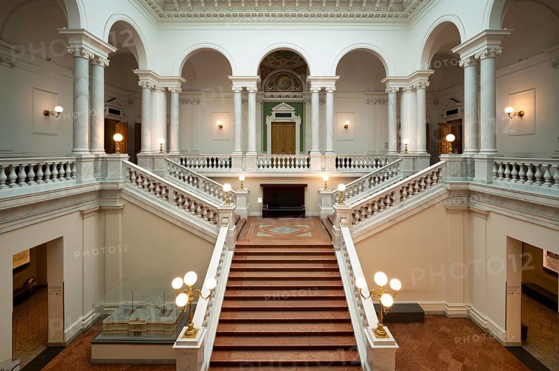 Interior view of the staircase hall of the Bibliotheca Albertina, University Library, University Alma Mater Lipsiensis, Leipzig, Saxony, Germany, Europe