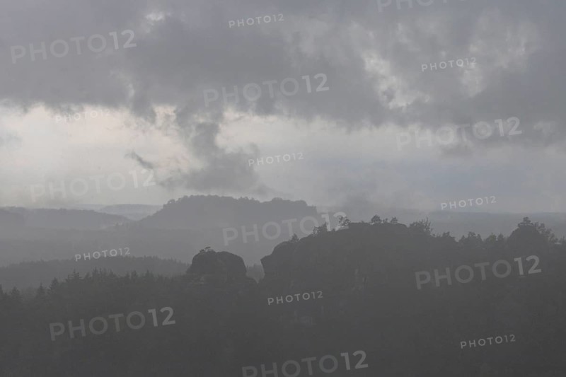 View from the goat's back in Saxon Switzerland during a thunderstorm, cloudburst, Hohnstein, Saxony, Germany, Europe