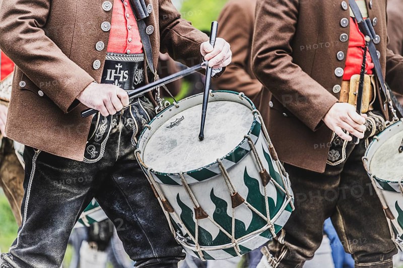 Patron saint's day, mountain marksmen, customs, traditional traditional costume, procession, drum, music, brass band, Lenggries, Bavaria, Germany, Europe