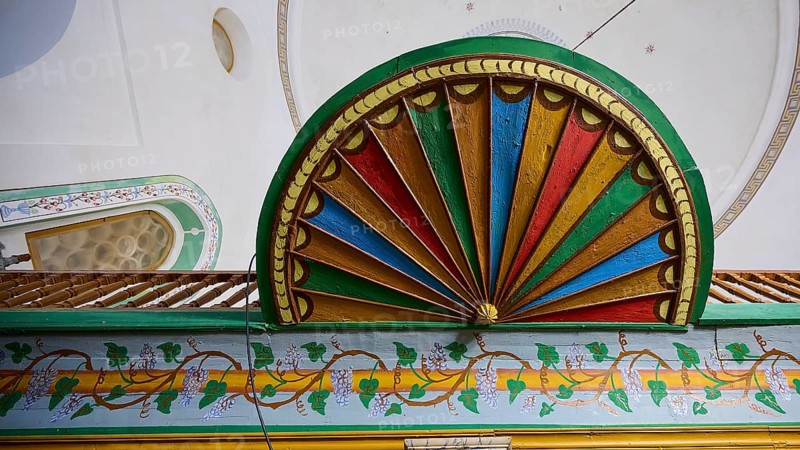 Retzep Pasha Mosque, Close-up of a colourfully painted ceiling in the interior of a mosque with decorative elements, Rhodes Old Town, Rhodes Town, Rhodes, Dodecanese, Greek Islands, Greece, Europe