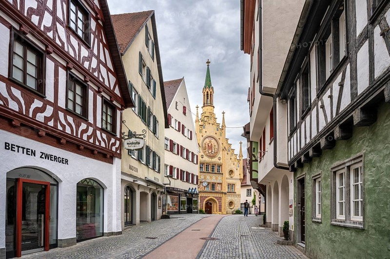 Pedestrian zone with half-timbered buildings and the Heilig-Geist-Spital in the historic old town of Bad forest lake, Upper Swabia, Swabia, Baden-Wuerttemberg, Germany, Europe