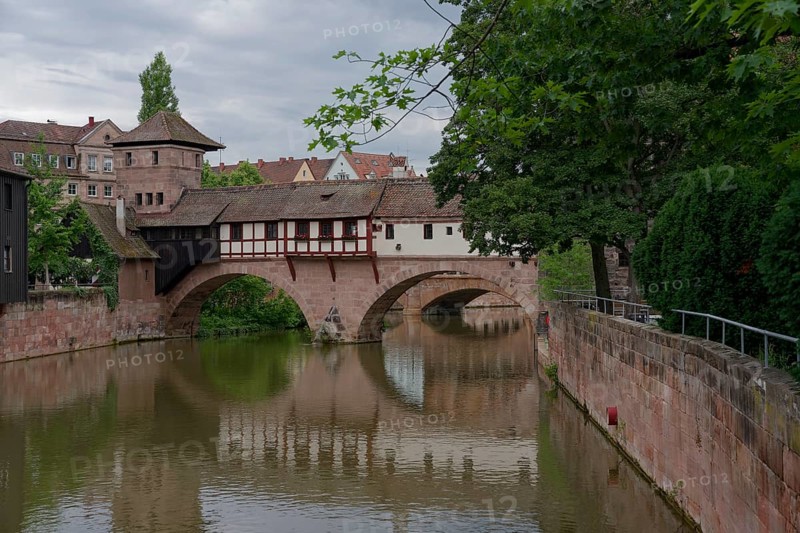 View of the hangman's bridge, executioner, hangman, Middle Ages, Nuremberg, half-timbered, stone, Pegnitz, river, Old Town, Upper Bavaria, Bavaria, Free State, Germany, Europe