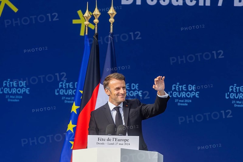 French President Emmanuel Macron visits the Federal Republic of Germany at the invitation of Federal President Frank-Walter Steinmeier and stops off in Dresden. Here he attends the Fete de l'Europe and delivers his speech on Europe, Dresden, Saxony, Germany, Europe
