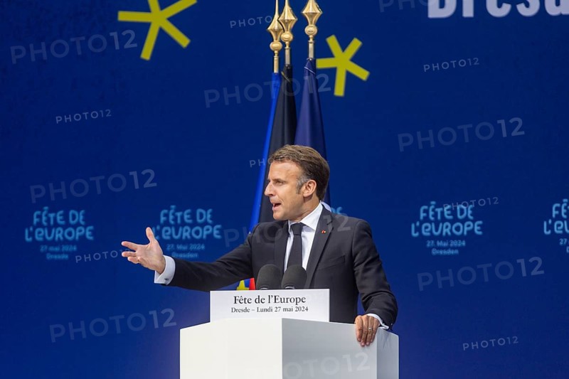 French President Emmanuel Macron visits the Federal Republic of Germany at the invitation of Federal President Frank-Walter Steinmeier and stops off in Dresden. Here he attends the Fete de l'Europe and delivers his speech on Europe, Dresden, Saxony, Germany, Europe