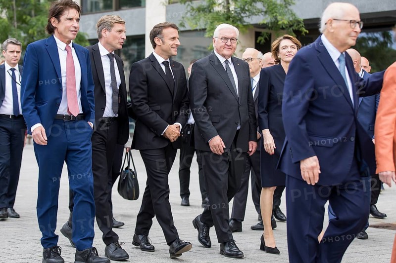 Emmanuel Macron (President of the French Republic) and Frank-Walter Steinmeier (President of the Federal Republic of Germany) arriving to lay a wreath at the Memorial to the Murdered Jews of Europe, Berlin, 27 May 2024