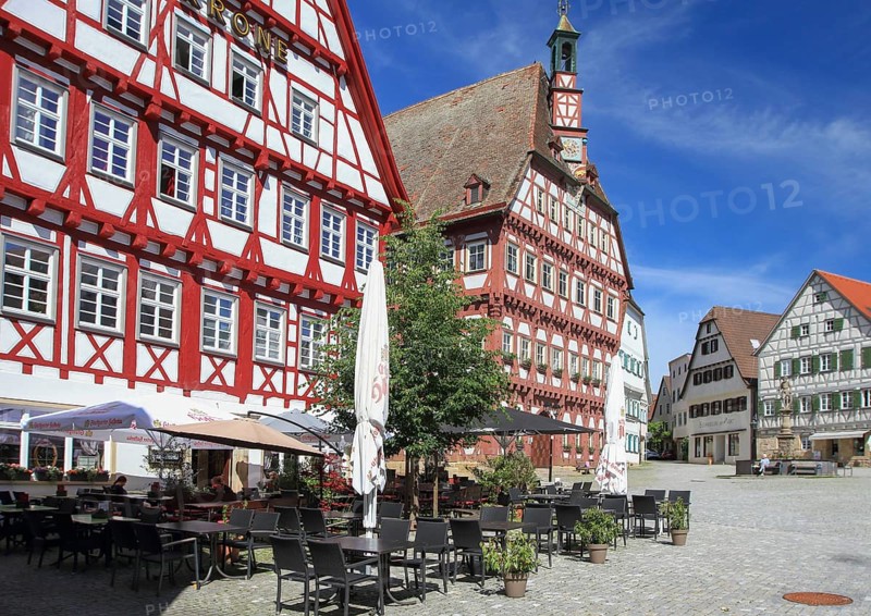 Town Hall and Gasthaus Krone on the market square, Markgroeningen, Baden-Wuerttemberg, Germany, Europe