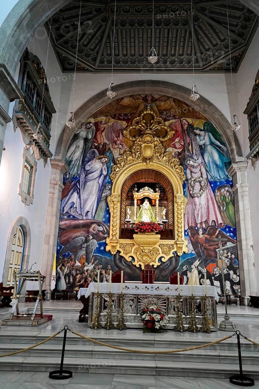 Basilica de Nuestra Senora, Candelaria, Tenerife, Canary Islands, Spain, Europe, Church altar with golden decorations and colourful murals depicting a variety of saints, Europe