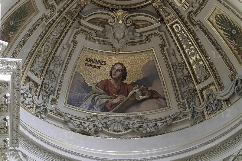 Interior view of Berlin Cathedral, Berlin, Germany, Europe, mosaic of St John the Evangelist, embedded in a richly decorated historical ceiling, Europe
