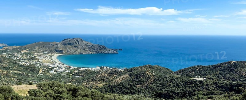 Panoramic photo from elevated position on landscape at south coast of island Crete over in foreground many green olive trees (Olea europaea) behind bay and beach of Plakias at Libyan Sea Mediterranean, Plakias, Crete, Greece, Europe