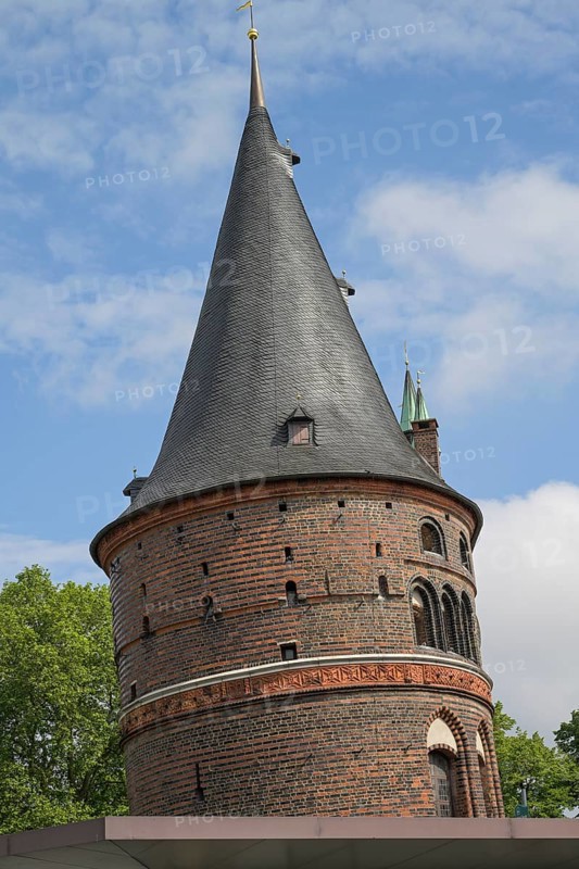 Holstentor, view from south, oblique position, Holstentorplatz, Luebeck, Schleswig-Holstein, Germany, Europe