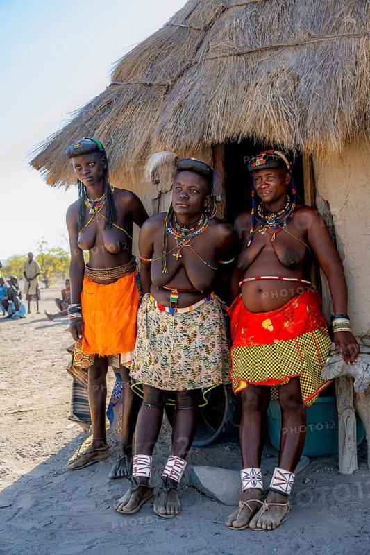 Three Hakaona woman with traditional kapapo hairstyle and hair ornaments with ostrich feathers, in front of their mud hut, in the morning light, Angolan tribe of the Hakaona, near Opuwo, Kunene, Namibia, Africa