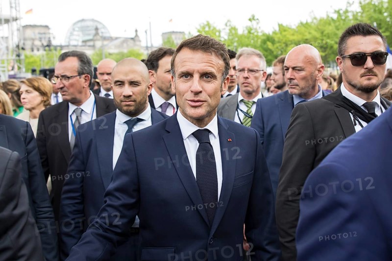 Emmanuel Macron (President of the French Republic) at the stage talk in the dialogue forum at Demokratie feiern. / The Basic Law turns 75, together it will be a celebration, Berlin, 26 May 2024