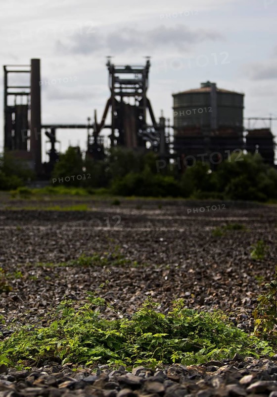 The dreary Hympendahl slag heap with the listed Phoenix-West blast furnace works, Hoerde, Dortmund, Ruhr area, North Rhine-Westphalia, Germany, Europe