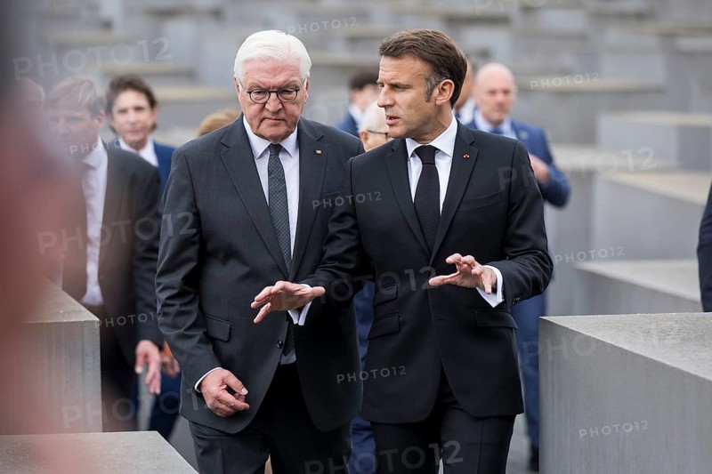Frank-Walter Steinmeier (President of the Federal Republic of Germany) and Emmanuel Macron (President of the French Republic) on a joint tour of the Memorial to the Murdered Jews of Europe, Berlin, 27 May 2024