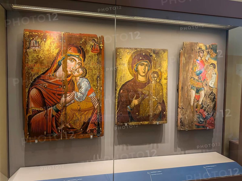Three old historical icons placed in the UNESCO World Heritage Monastery of Moni Arkadi Arkadi Monastery, Holy Virgin and Child on the left from the 18th century, centre from the 19th century, depiction of Christ on the right from the 19th century, Moni Arkadi Monastery, Armnatos, Crete, Greece, Europe