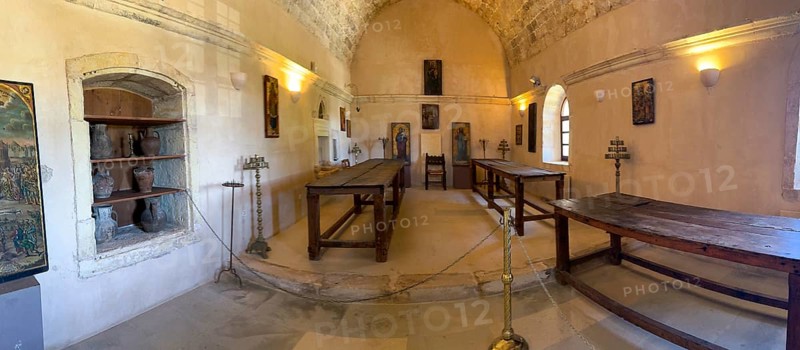 Historic dining room in UNESCO World Heritage Site Moni Arkadi Orthodox Monastery Arkadi Monastery from the early Middle Ages, important national monument National Shrine on the island of Crete, Arkadi, Armnatos, Crete, Greece, Europe