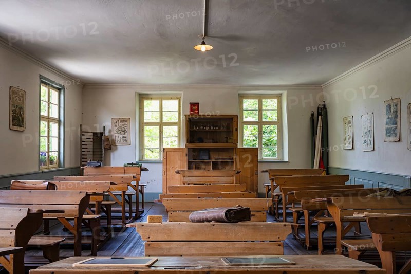 Typical classroom of a village school in the 19th century, Neuhausen ob Eck Open-Air Museum, Tuttlingen district, Baden-Wuerttemberg, Germany, Europe