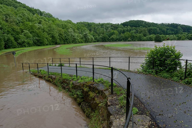 Flood on the Kocher cycle path in late spring 2024 between Gelbingen and Obermuenkheim, cycle path, cycling, cycling, cycle path, Schwaebisch Hall-Gelbingen, flood event, climate change, lake landscape, artificial lake, flood, water masses, Kocher valley, Schwaebisch Hall, Hohenlohe, Heilbronn-Franken, Baden-Wuerttemberg, Germany, Europe