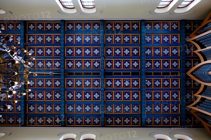 Interior view of wooden coffered ceiling with dark blue painted beams, St. Marien am Behnitz, Marienkirche, second oldest Catholic church in Berlin, Spandau district, Berlin, Germany, Europe