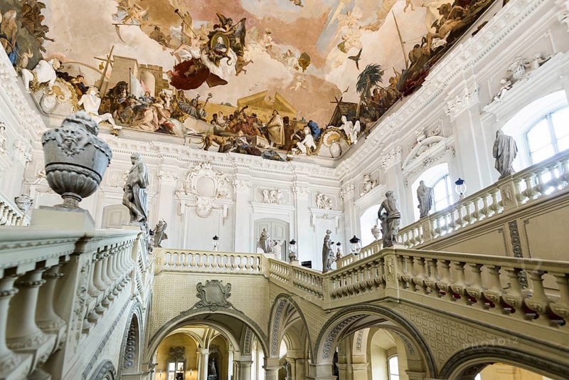 Staircase, fresco, ceiling painting by Tiepolo, Wuerzburg Residence, UNESCO World Heritage Site, Wuerzburg, Lower Franconia, Franconia, Bavaria, Germany, Europe