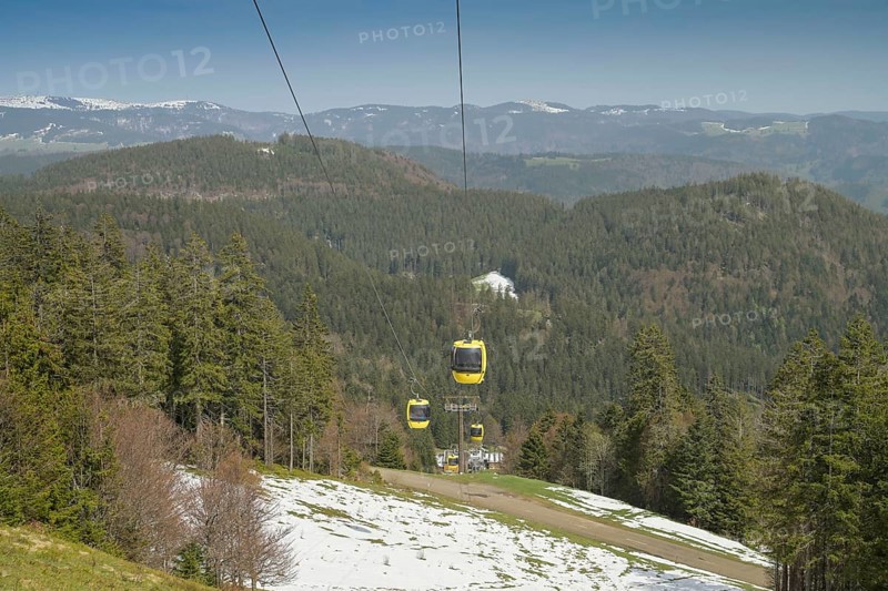 Cable car, snow, spring, coniferous forest, Belchen, Black Forest, Baden-Wuerttemberg, Germany, Europe
