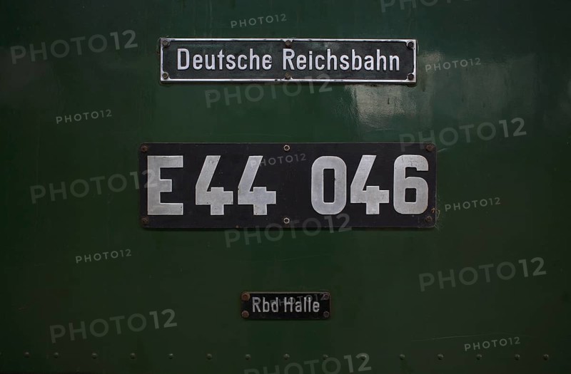 Type plate of the class E44 electric locomotive, Deutsche Reichsbahn DR, museum track 24 with historical trains, museum, railway museum, monument, main station, terminus station, Leipzig, Saxony, Germany, Europe