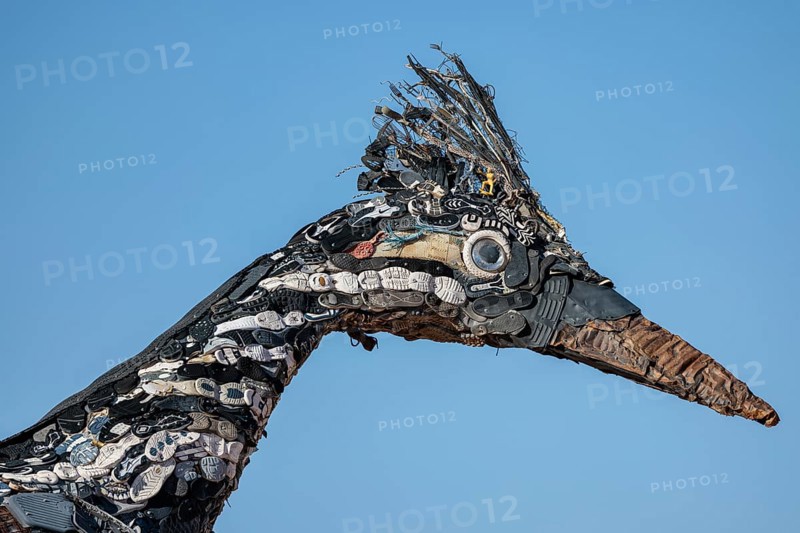 Close up of Recycled Roadrunner statue made entirely from discarded materials by artist Olin Calk at an I-10 rest area on the west side of Las Cruces, NM, United States of America, USA, North America