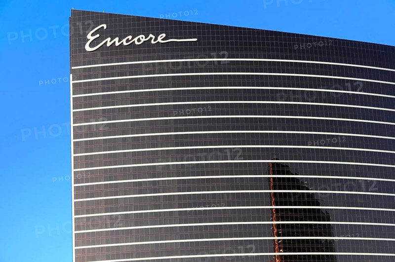 Las Vegas, Nevada, USA, North America, Detailed view of the facade of the Encore Hotel in Las Vegas, modern design with clear lines, in front of a blue sky, Las Vegas Strip, North America