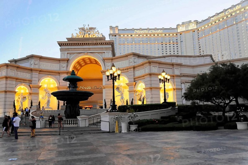 Las Vegas, Nevada, USA, North America, Monte Carlo Hotel and Casino in Las Vegas at dusk, impressive old architecture and lights, Las Vegas Strip, North America