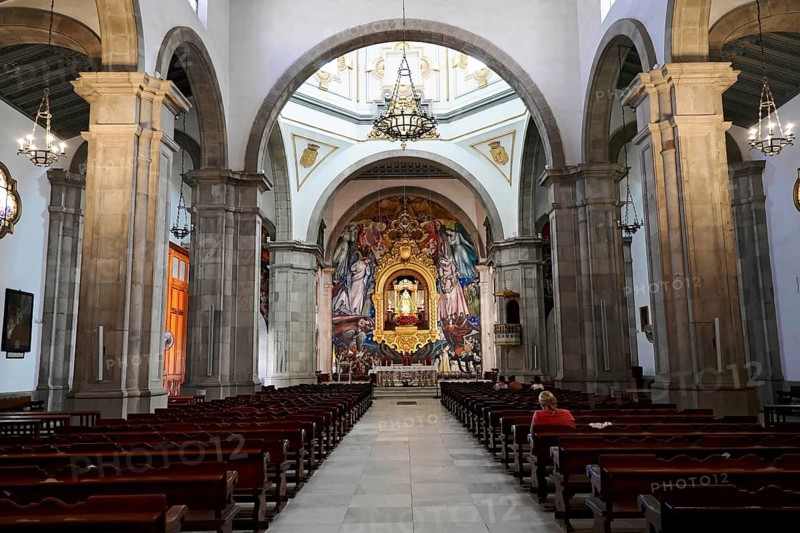 Basilica de Nuestra Senora, Candelaria, Tenerife, Canary Islands, Spain, Europe, Spacious nave with high arches, an altar in the background and wooden pews, Europe