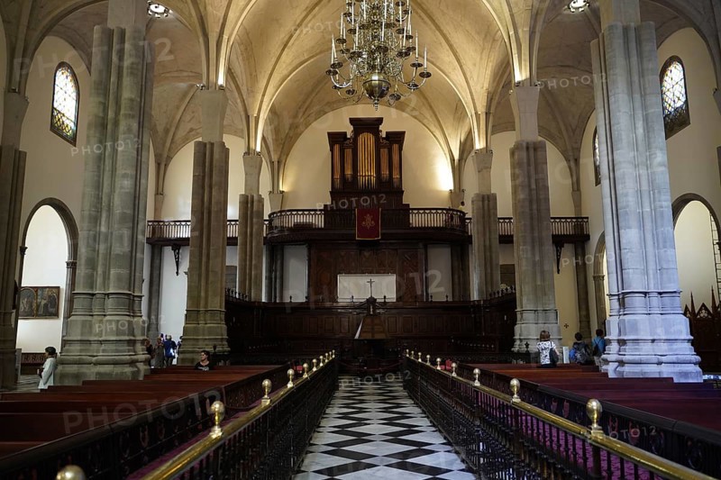 Church Iglesia de Nuestra Senora de la Concepcion, San Cristobal de La Laguna, Tenerife, Canary Islands, Spain, Europe, Classical church interior with a large organ in the background and long pews, Europe