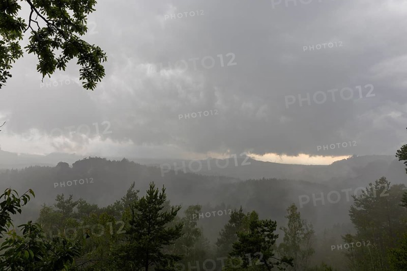 View from the goat's back in Saxon Switzerland during a thunderstorm, cloudburst, Hohnstein, Saxony, Germany, Europe