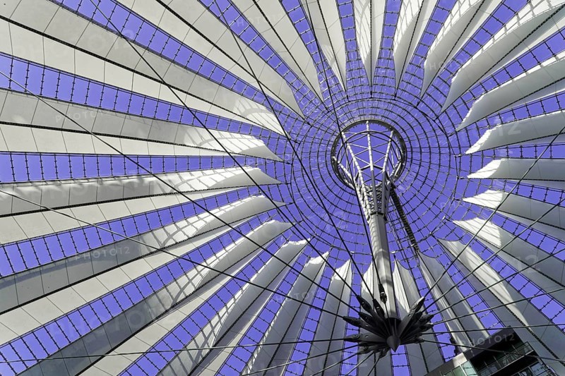 Dome, Sony Centre, Mitte, Berlin, Germany, Europe, A modern roof with metal structures and geometric patterns on a purple background, Europe