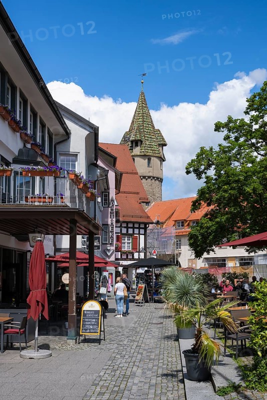 Pedestrian zone at Holzmarkt with the green tower in the historic old town of Ravensburg, district of Ravensburg, Baden-Wuerttemberg, Germany, Europe