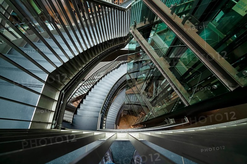 Petersbogen, stairs, staircase, lift, escalator, shopping arcade, mall, shopping centre, shopping arcade, Leipzig, Saxony, Germany, Europe